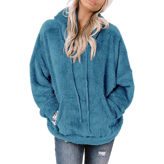 Women Plush Sweatshirt Drawstring Hood Loose Fit Fuzzy Lady Pullover Hoodie with Front Pocket for Work Sports Daily Marine Blue M