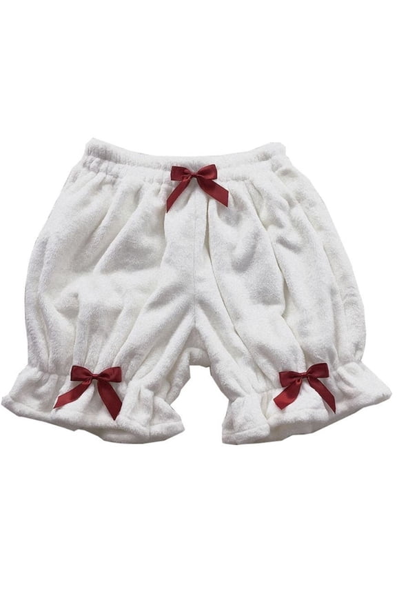 Women Plush Velvet Lolita Bloomers Ruffle Bow Loose Pumpkin Pants Thermal Shorts