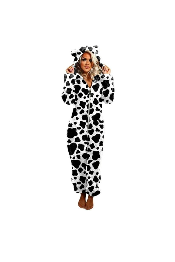 Women Plush Warm One Piece Pajamas Character Animal Hooded Zip-Up Cozy Creative Pajamas