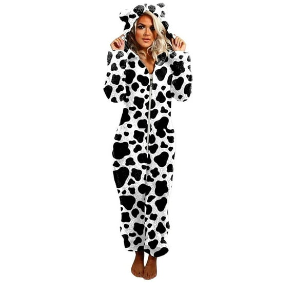 Women Plush Warm One Piece Pajamas Character Animal Hooded Zip-Up Cozy Creative Pajamas