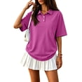 thumbnail image 1 of Women Pocket Lapel Short Sleeve Polo Shirt, Loose Side Slit Double Yarn Polyester Casual Button Top(Deep Red3XL), 1 of 7