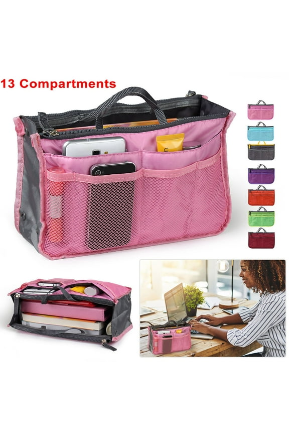 Women Pocket Travel Insert Handbag, Ladies Tidy Travel Insert Handbag 13 Pocket Cosmetic Organiser Purse Large Liner Bag Pouch, Pink