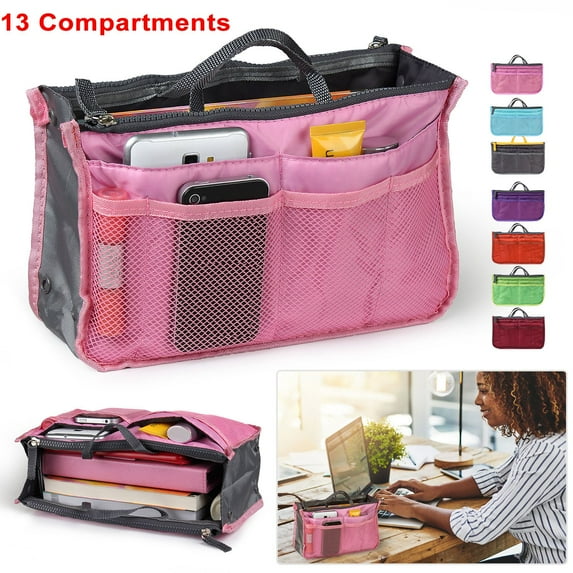 Women Pocket Travel Insert Handbag, Ladies Tidy Travel Insert Handbag 13 Pocket Cosmetic Organiser Purse Large Liner Bag Pouch, Pink