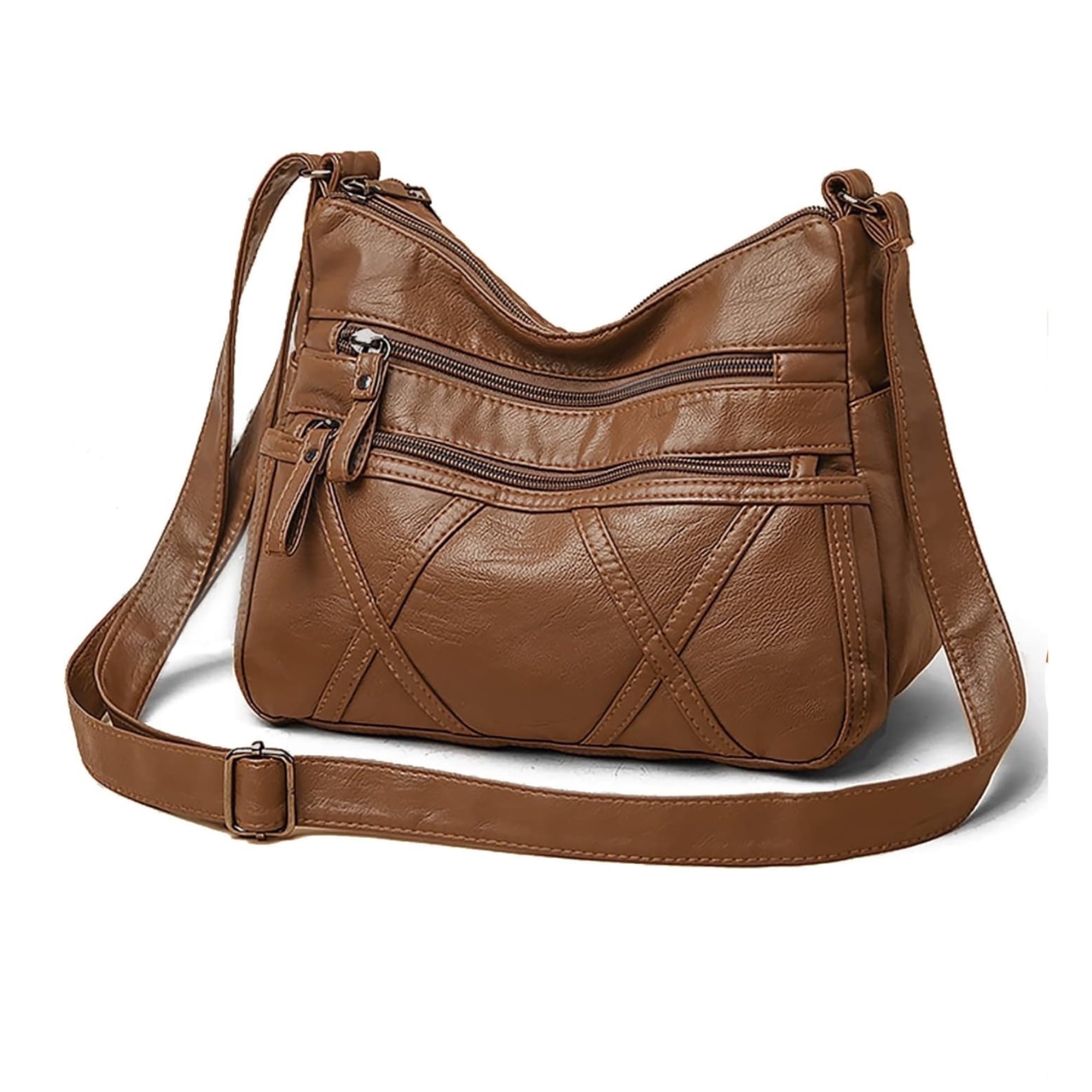 FIDAC Women's Shoulder Bag PU Leather Solid Multi Pocket Crossbody Bag, Brown, 1-Piece