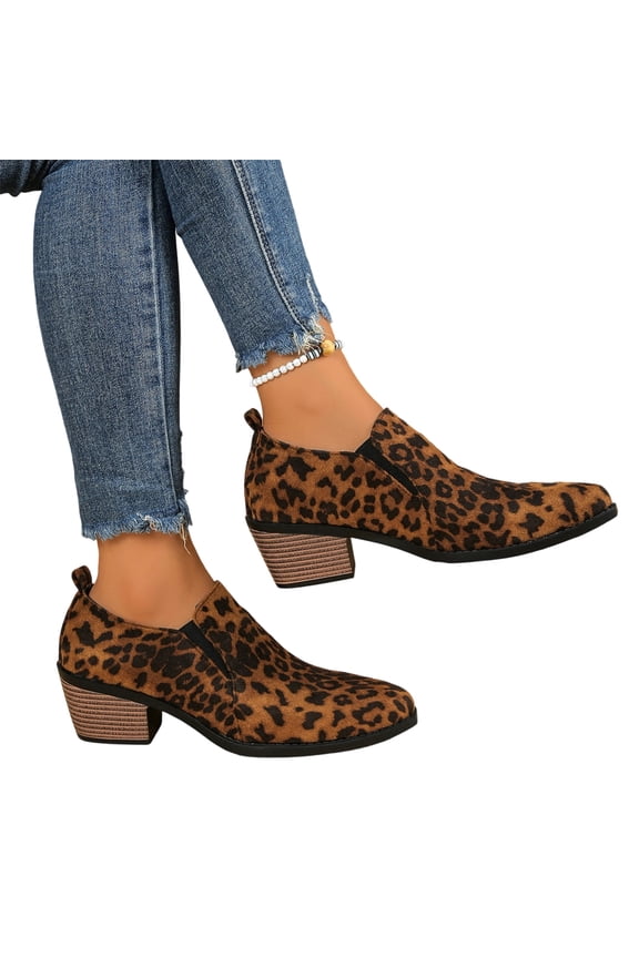 Women Pointed Toe Block Heel Ankle Boots Elastic Slip On Floral Embroidery Animal Print Wide Fit Plus Size Western Short Booties