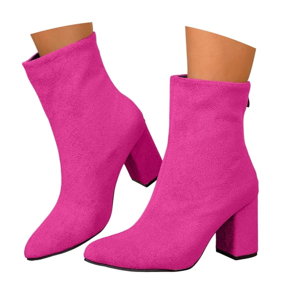 Women Pointed Toe Block Heel Ankle Boots Soft Flock Back Zipper Dress Boots Fashion Autumn Winter Solid Color Short Boots For Daily Party