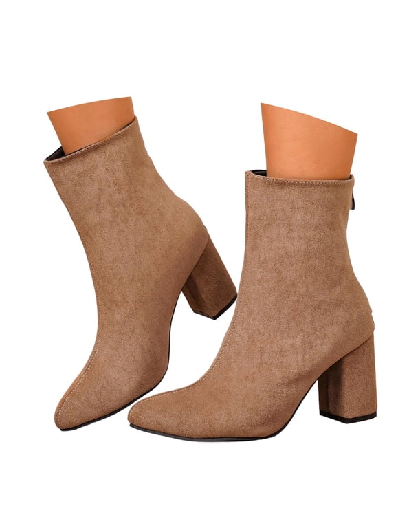 Women Pointed Toe Block Heel Ankle Boots Soft Flock Back Zipper Dress Boots Fashion Autumn Winter Solid Color Short Boots For Daily Party