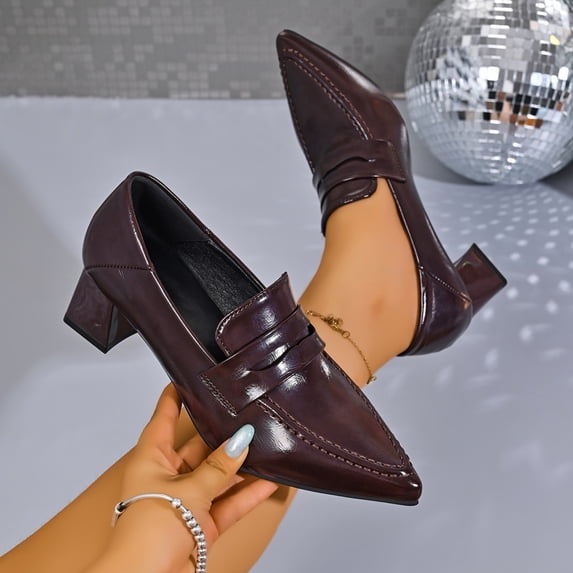 Women Pointed Toe Block Heel Loafer Pumps, Leather Slip‑On Mid‑Heel Dress Shoes, Fashion Office Work Closed‑Toe Heeled Loafers for Business