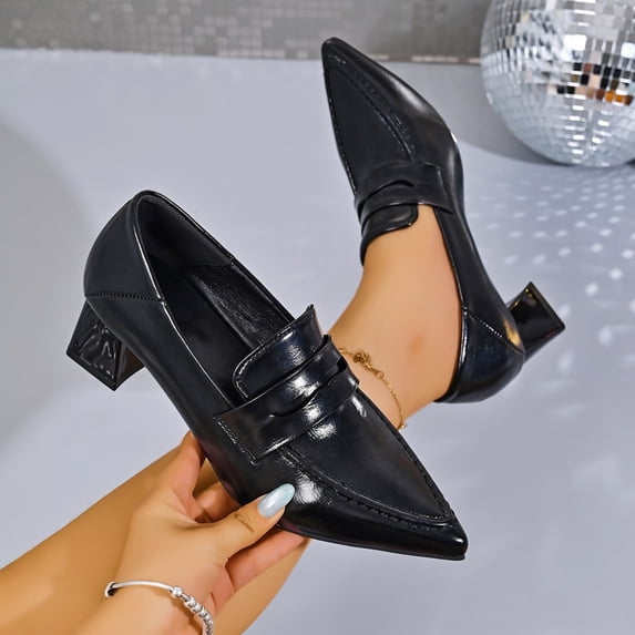 Women Pointed Toe Block Heel Loafer Pumps, Leather Slip‑On Mid‑Heel Dress Shoes, Fashion Office Work Closed‑Toe Heeled Loafers for Business