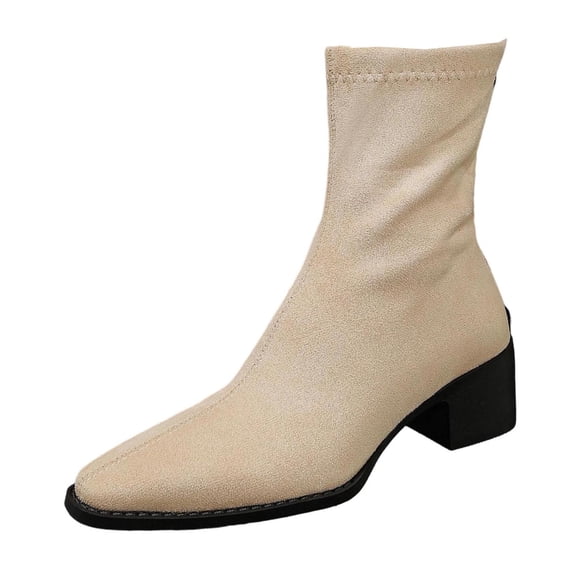 Women Pointed Toe Block Mid Heel Ankle Boots Faux Suede Fashion Winter Short Boots Solid Color Versatile Indoor Outdoor Daily Casual Boots US Size 4.5 To 8.5 Beige