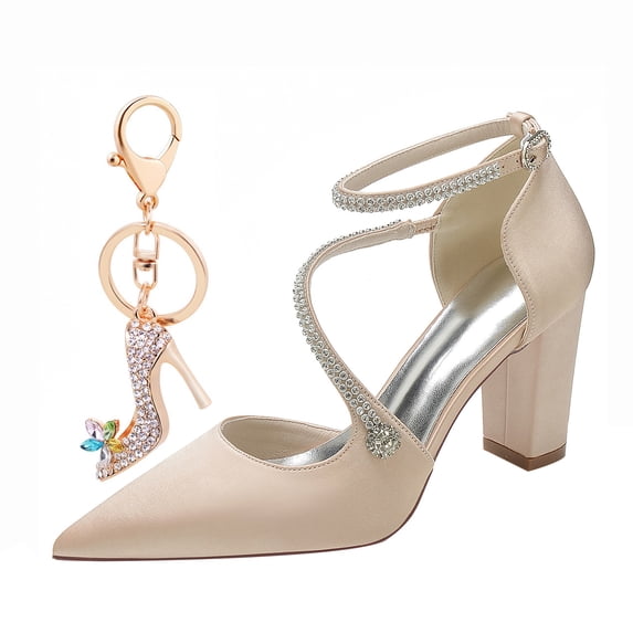 Women Pointed Toe High Chunky heel 8.5 cm Wedding Shoes Rhinestones Ankle strap Party Dress