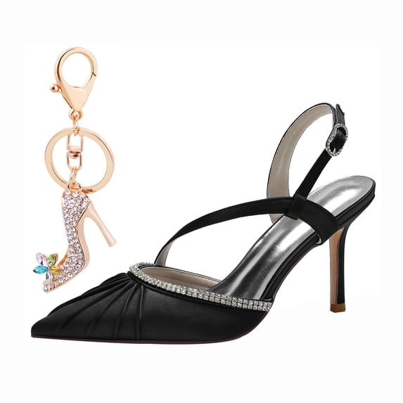 Women Pointed Toe High Heel Court Shoes 8.5CM Rhinestones Pleats Satin Party Dress Wedding Shoes