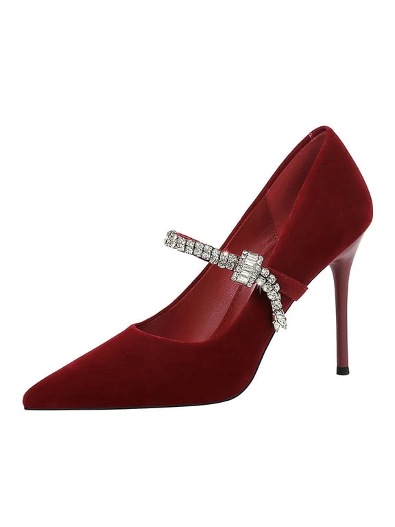 Women Pointed Toe High Heels 10CM Red Woman Thin Heels Ladies Sexy Pumps Sparkling Rhinestones
