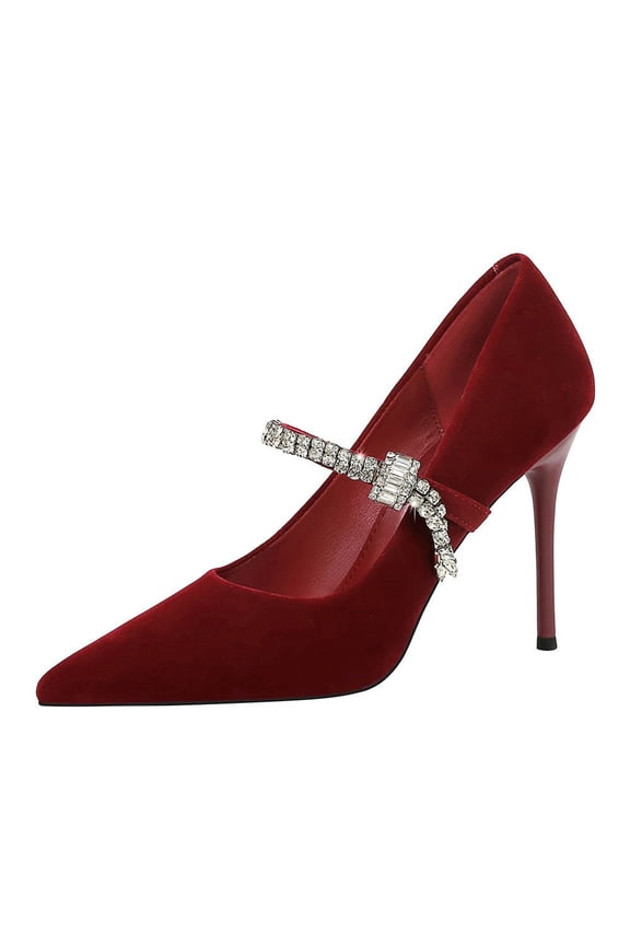 Women Pointed Toe High Heels 10CM Red Woman Thin Heels Ladies Sexy Pumps Sparkling Rhinestones