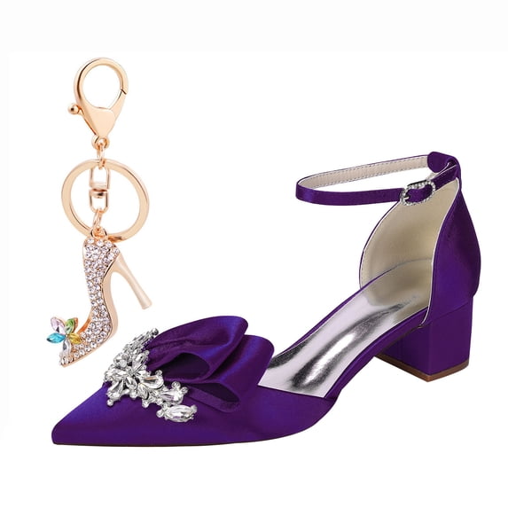 Women Pointed Toe High Heels Ankle Strap Chunky heel 4CM Rhinestones Bow Party Wedding Shoes