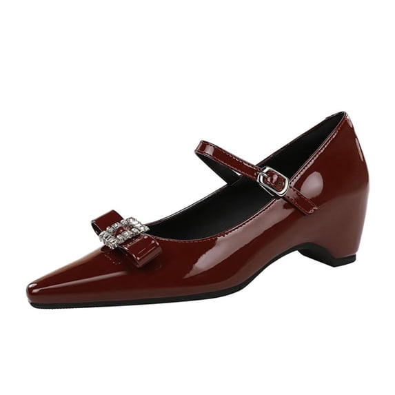 Women Pointed Toe High Heels Block Heel 5CM Patent Leather Rhinestones Bow Dress Shoes Wedding Evening Party
