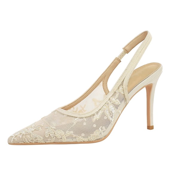 Women Pointed Toe High Heels Openwork Lace Tulle Floral Embroidery Sexy 9CM Pumps for Bride Prom Party