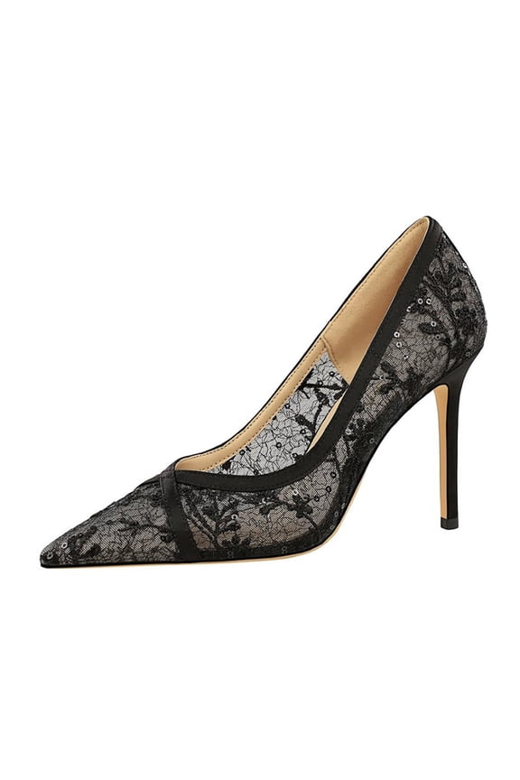 Women Pointed Toe High Heels Sexy Lace Mesh 9CM Stiletto Sequins Black for Bride Prom Party