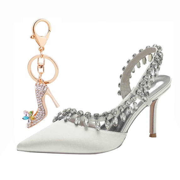 Women Pointed Toe High Heels Sexy Pumps Rhinestone chain Backless Satin Wedding Shoes