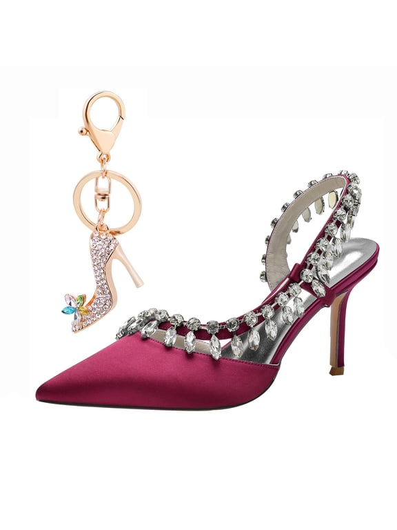 Women Pointed Toe High Heels Sexy Pumps Rhinestone chain Backless Satin Wedding Shoes