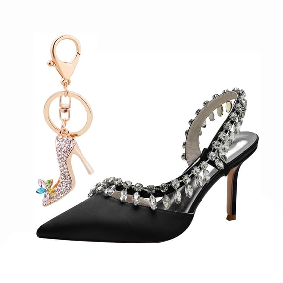 Women Pointed Toe High Heels Sexy Pumps Rhinestone chain Backless Satin Wedding Shoes