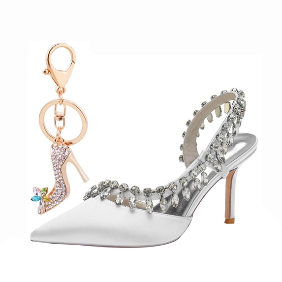 Women Pointed Toe High Heels Sexy Pumps Rhinestone chain Backless Satin Wedding Shoes