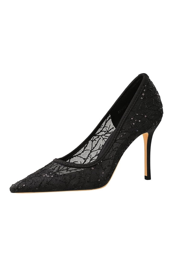 Women Pointed Toe High Heels Sexy Pumps Stiletto 9CM Sequins Black Lace Mesh for Bride Prom Party