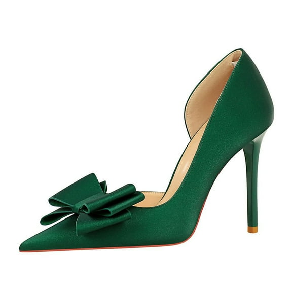 Women Pointed Toe High Heels Sexy Pumps Stilettos 10.5CM Green Satin Bow Side cut-out for Bride Prom Party