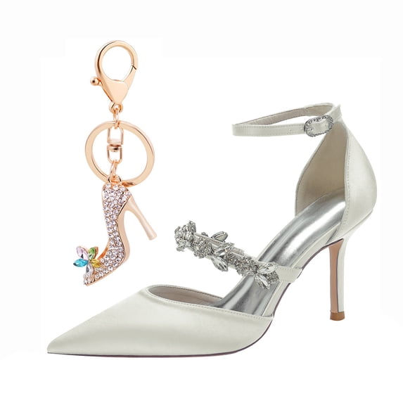 Women Pointed Toe High Heels Stiletto High Rhinestones Ankle strap Satin 8.5CM Pump Party Dress