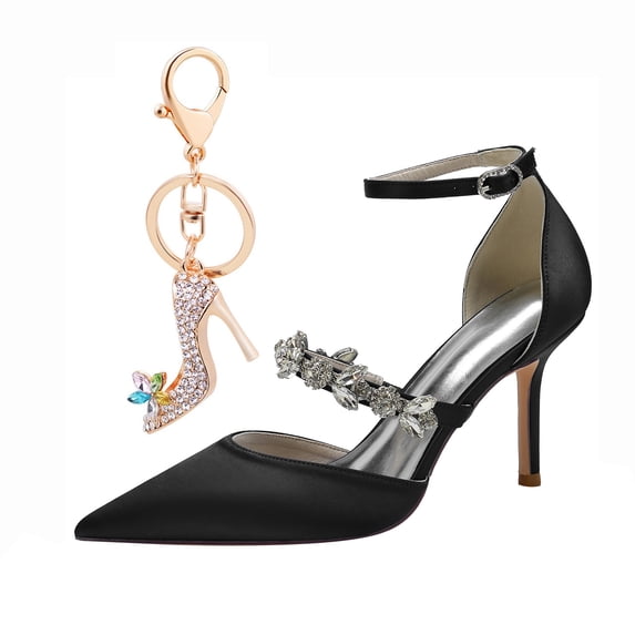 Women Pointed Toe High Heels Stiletto High Rhinestones Ankle strap Satin 8.5CM Pump Party Dress