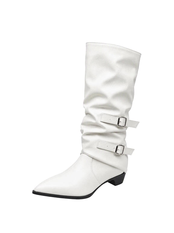 Women Pointed Toe Knee High Western Boots Faux Leather Slouchy Tall Cowboy Boots Fashion Versatile Fall Winter Casual Street Footwear White 5.5(35)