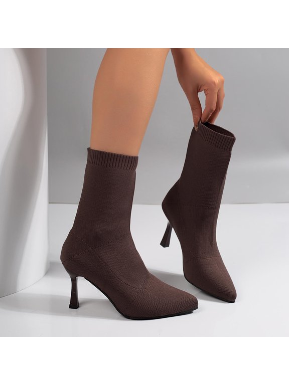 Women Pointed Toe Knit Sock Ankle Boots, Stiletto High Heel Stretch Knit Booties, Slip On Slim Fit Short Boots for Party Wedding Evening