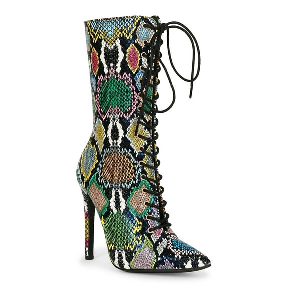 Women Pointed Toe Lace Up Mid Calf Heel Boot 19556