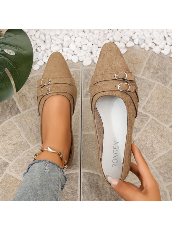 Women Pointed Toe Mule Slippers, Double Buckle Strap Backless Slide Flats, Faux Suede Slip‑On Casual Mules for Office Home Shopping