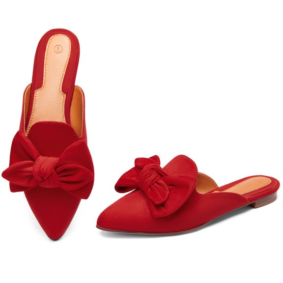 Women Pointed-Toe Mules, Slip-on Loafers, Bow-Embellished Flats