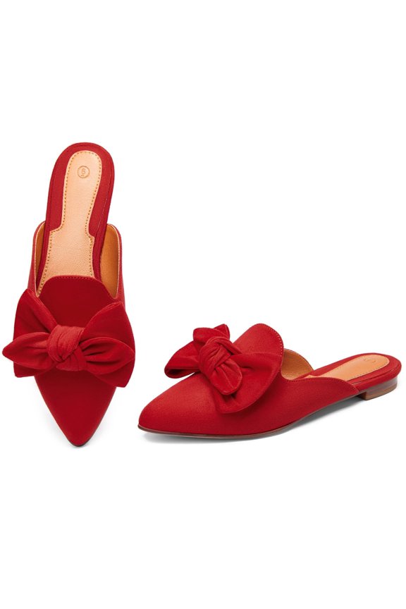Women Pointed-Toe Mules, Slip-on Loafers, Bow-Embellished Flats