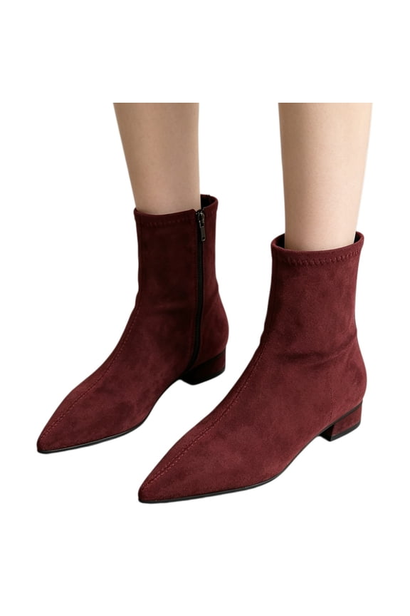 Women Pointed Toe Ruched Stretch Low Heel Ankle Sock Boots, Elastic Knit Fabric, Light Cushioned Footbed, Flexible Anti Slip Outsole, Minimalist Silhouette for Daily Casual Date Office Styling,Wine 5