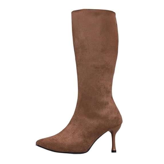 Women Pointed Toe Side Zipper Stiletto Knee High Boots Solid Color Faux Suede Elegant Fall Winter Boots Multi Color US Size 4.5 To 8.5 Brown