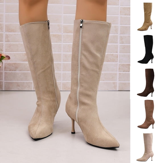 Women Pointed Toe Side Zipper Stiletto Knee High Boots Solid Color Faux Suede Elegant Fall Winter Boots Multi Color US Size 4.5 To 8.5 Khaki