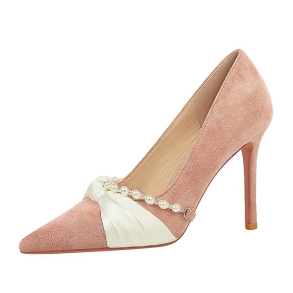 Women Pointed Toe Stiletto High Heels 10CM Satin Wedding Pumps Pearl Chain Bow Suede Shoes for Bride Prom Party