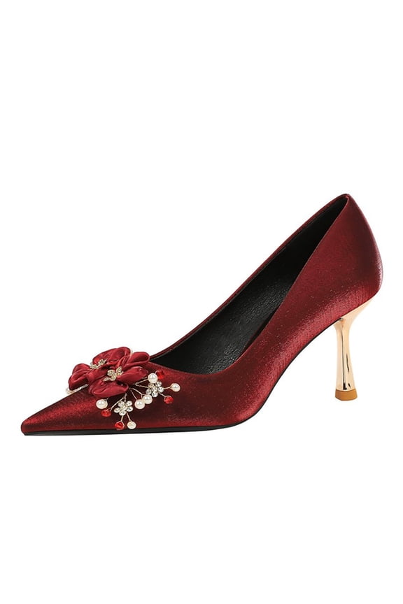 Women Pointed Toe Stiletto High Heels 6.5CM Satin Red Wedding Pumps Tulle Flower Rhinestones Pearls for Bride Prom Party