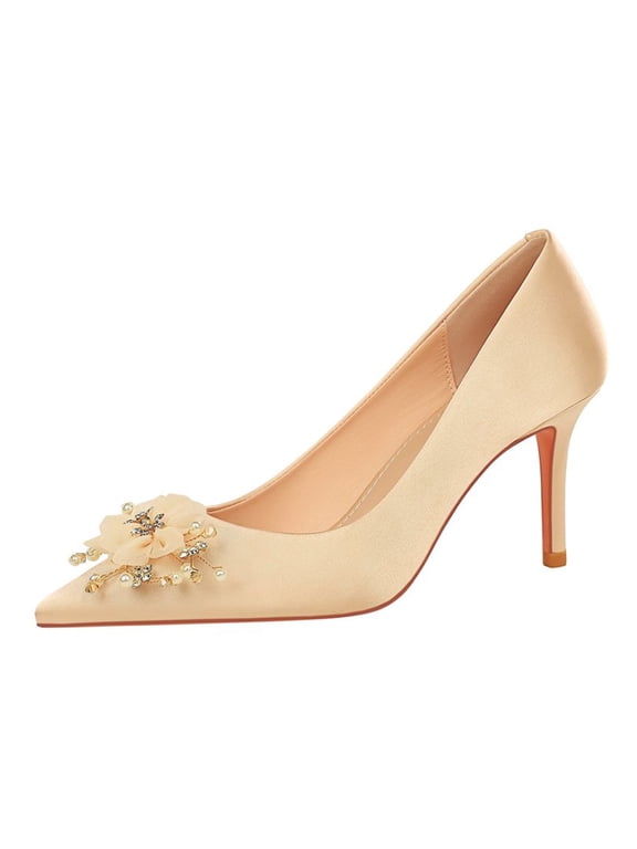 Women Pointed Toe Stiletto High Heels 7CM Wedding Pumps Rhinestones Pearls Flower Lace Netting for Bride Prom Party