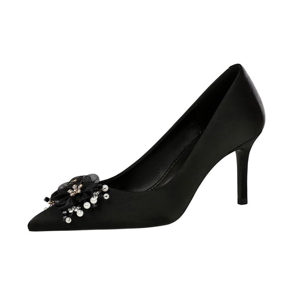 Women Pointed Toe Stiletto High Heels 7CM Wedding Pumps Rhinestones Pearls Flower Lace Netting for Bride Prom Party