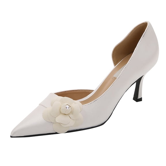 Women Pointed Toe Stiletto High Heels 7CM White Satin Pearls Flower Side slit Wedding Evening Party