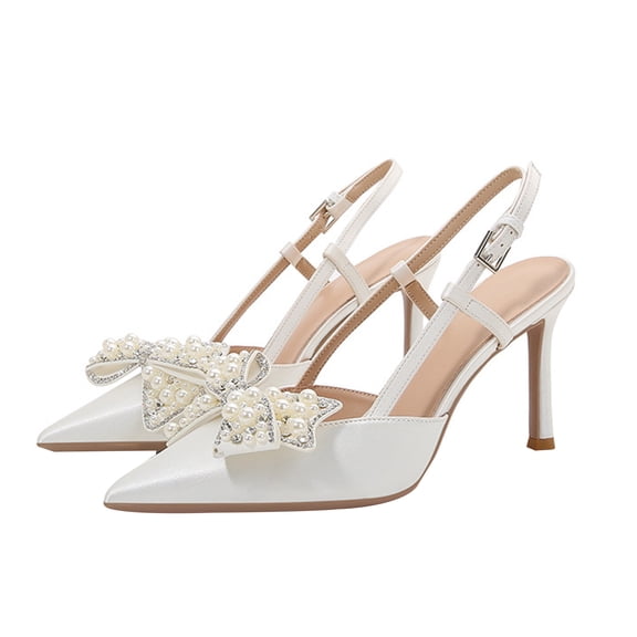Women Pointed Toe Stiletto High Heels 8.5CM Detachable bow White Satin Lace Tulle Pearls Rhinestones Wedding Evening Party