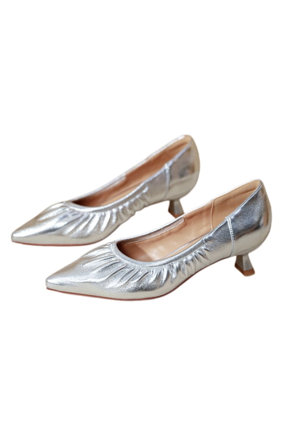 Women Pointed Toe Stiletto Pumps, Soft Leather Pleated Dress Heels Slip On Shoes