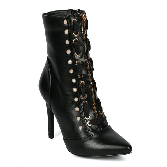 Women Pointy Toe Faux Pearl Studs Stitch Lacing Pointy Stiletto Ankle Boot - HF56 By Cape Robbin Collection