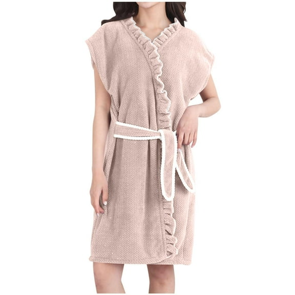 Women Polar Fleece Robe Lace Sleeveless Bathrobe Vest V Neck Pajama Quick-Dry Bathrobes Belt Loungewear Loose Homewear Pocket Nightgown Fall Nightshirt Casual Nightdress Bedtime Shirts