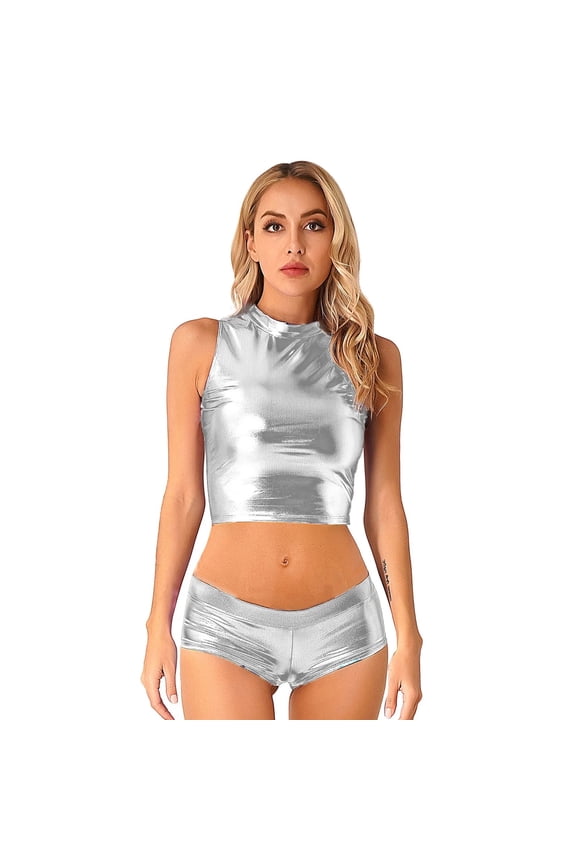 Women Pole Dance Clothing Shiny Metallic Rave Festival Party Club Outfit Halter Crop Top Bra Vest