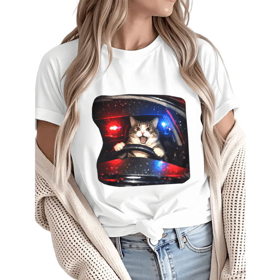 Women Police Car Cat Driving Graphic Fun Tees Tops Round Neck Cotton T-Shirt White S-5XL